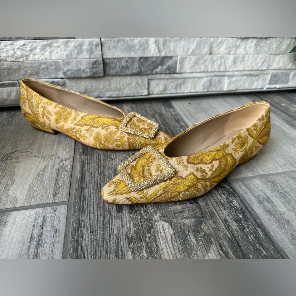 Sam Edelman Janina Yellow Metallic Gold Floral Brocade Embellished Flats 10 - Picture 4 of 14